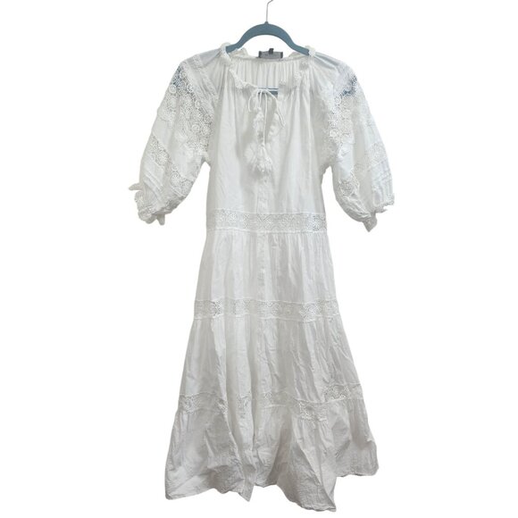 En Saison White Eyelet Midi Dress XS Boho Lace Peasant Summer Cottagecore Flowy - Picture 3 of 12